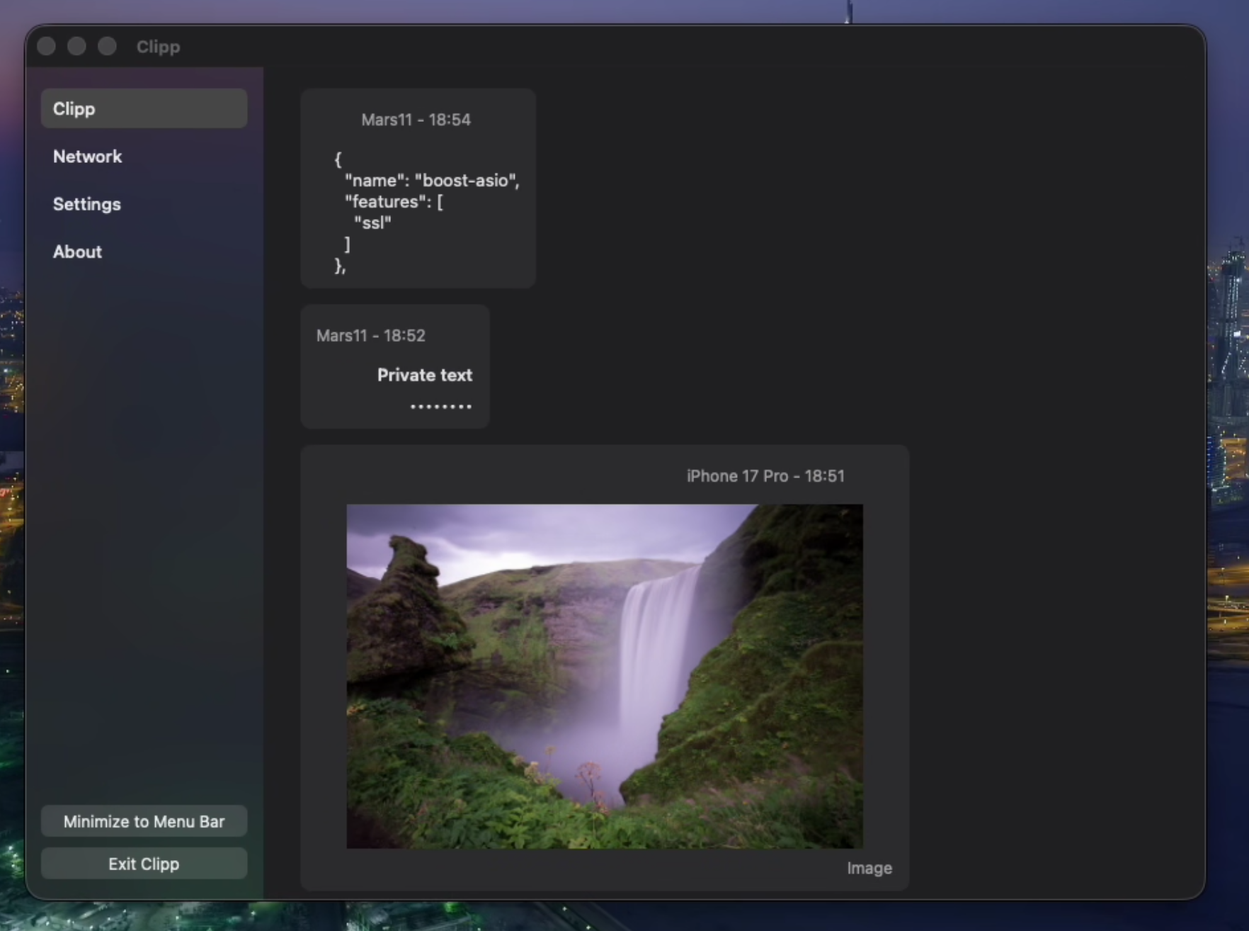 Clipp on macOS showing recent clipboard text and image activity.