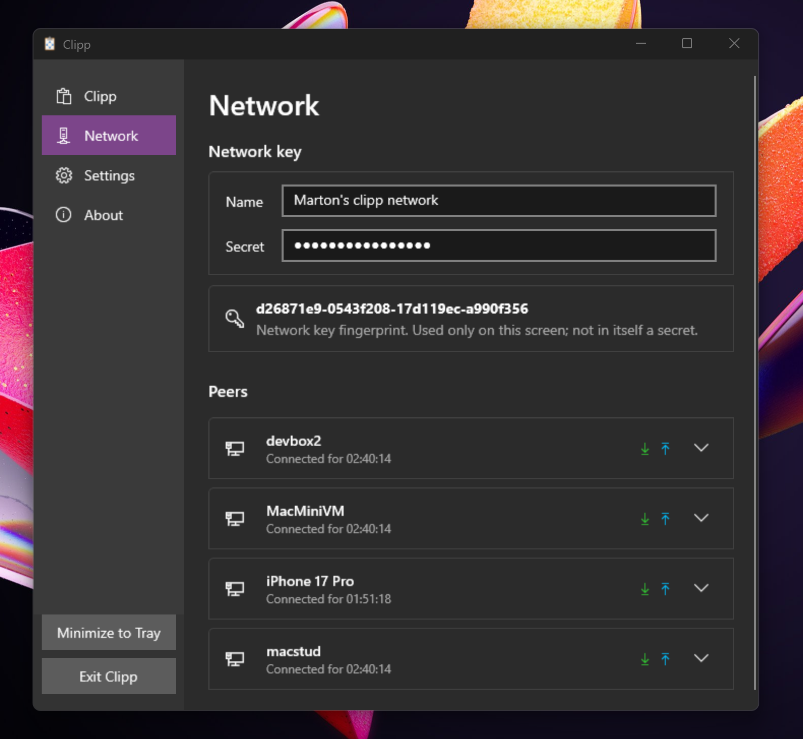 Clipp on Windows showing network settings, a fingerprint, and connected peers.